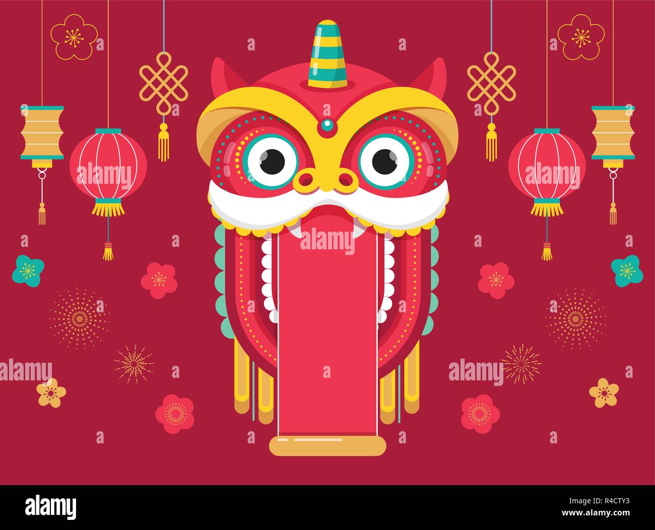 Chinese New Year background, greeting card with a lion dance, red dragon character Stock Vector