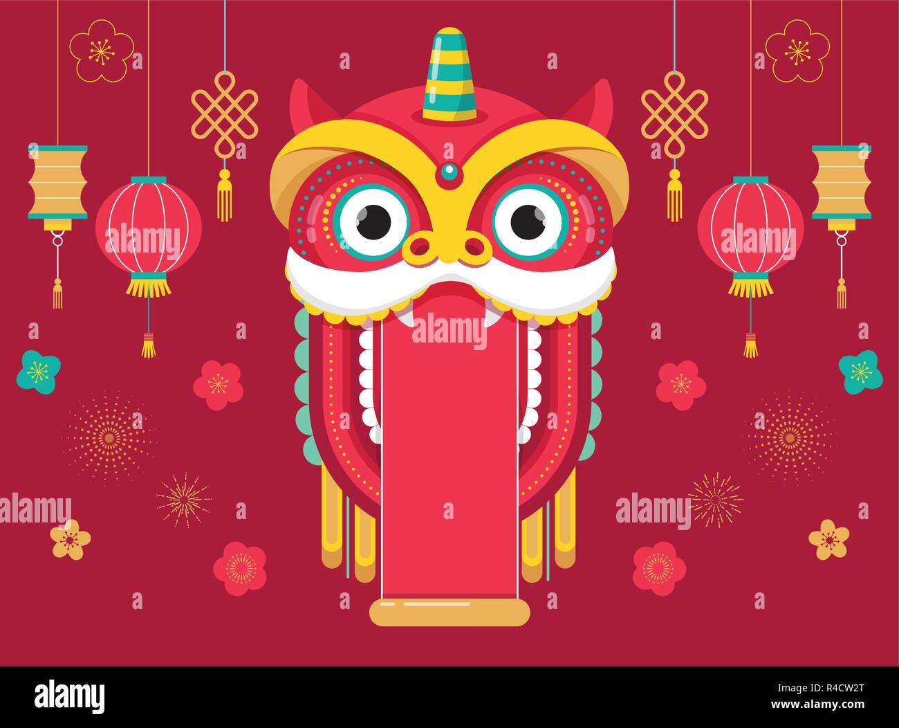 Chinese New Year background, greeting card template with a lion dance, red dragon character Stock Vector