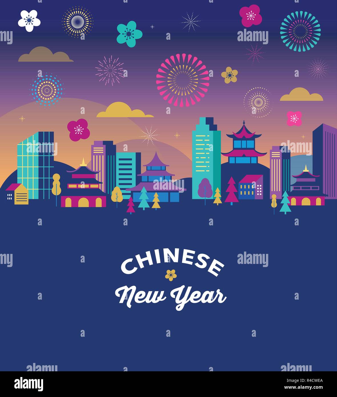 Chinese New Year - city landscape with colorful fireworks and lanterns. Vector background Stock Vector