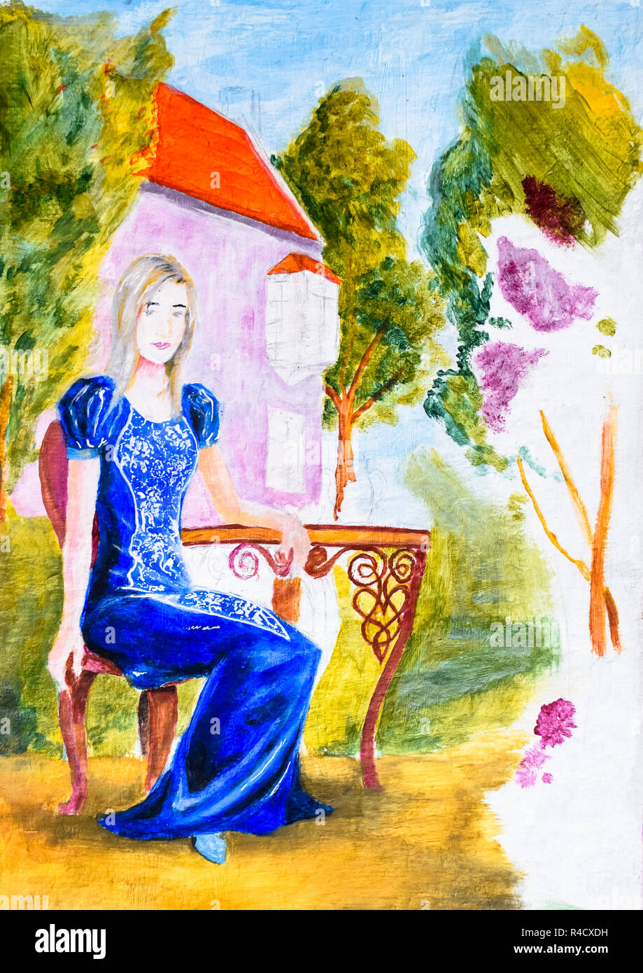 woman blue dress painting Retro Dress- Royal Blue