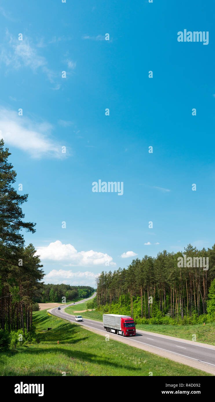 Truck and cars on road in forest. Belarus. Stock Photo