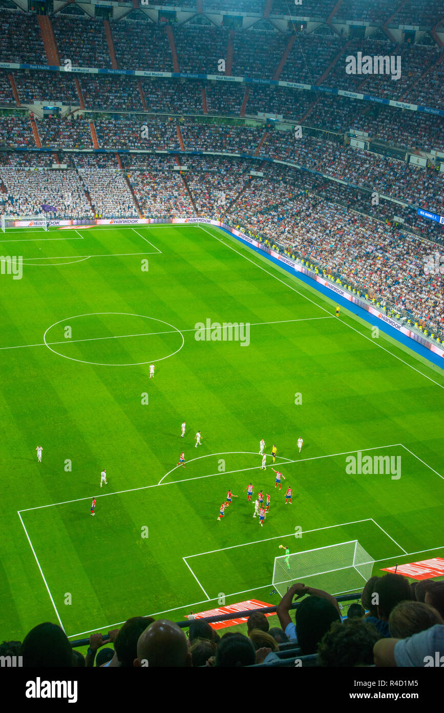 Real Madrid versus Atletico de Madrid football match. Santiago Bernabeu stadium, Madrid, Spain. Stock Photo