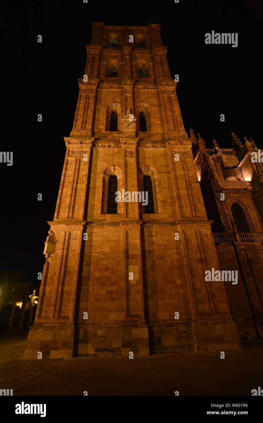 Beautiful Night Shot Of The Cathedral's Bell Tower In Astorga. Architecture, History, Camino de Santiago, Travel, Night Photography. November 3, 2018. Stock Photo