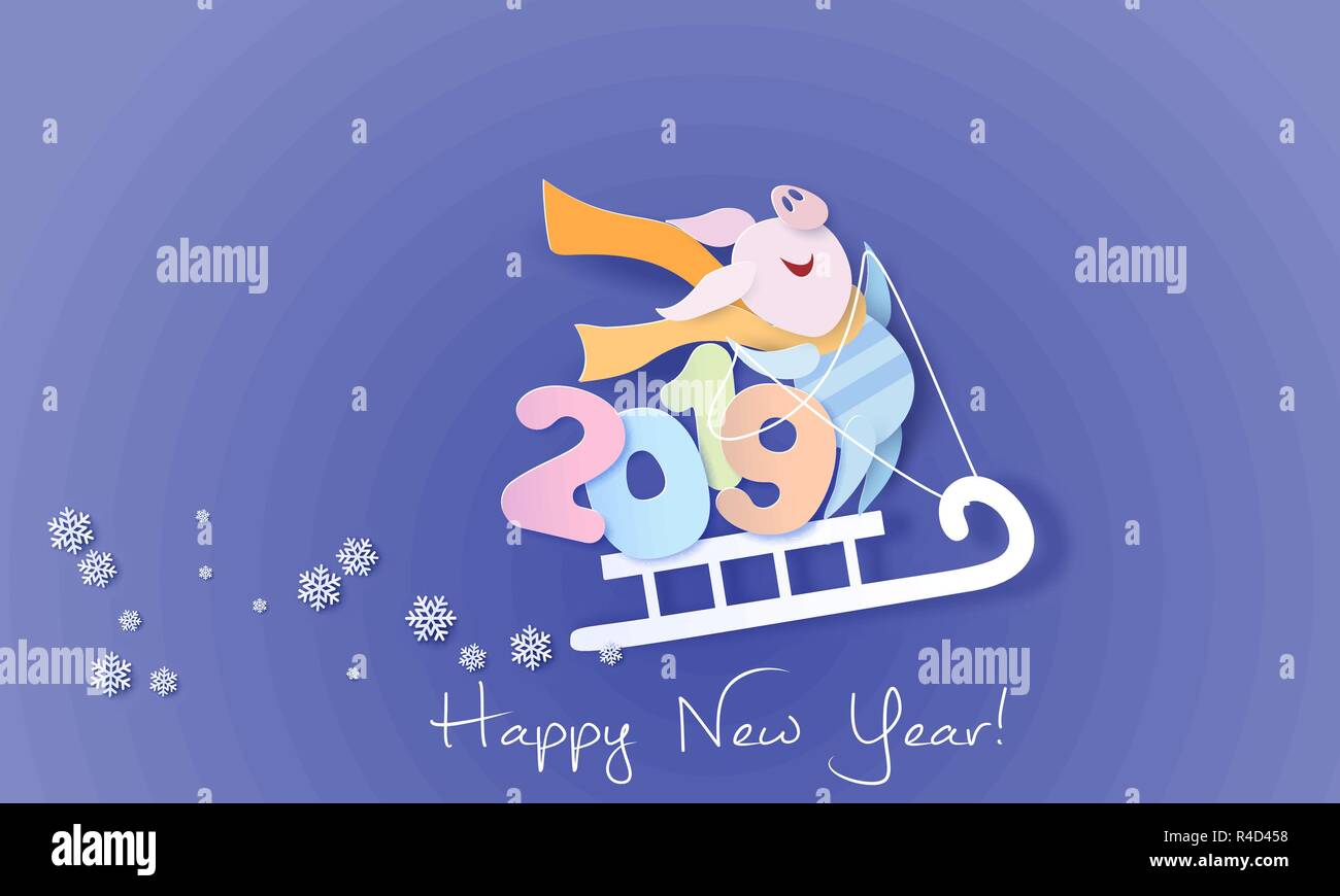 Color paper cut design and craft winter landscape with pig on sled with digits. Winter holidays and christmas design. Vector illustration. Happy New Year 2019 card. Stock Vector