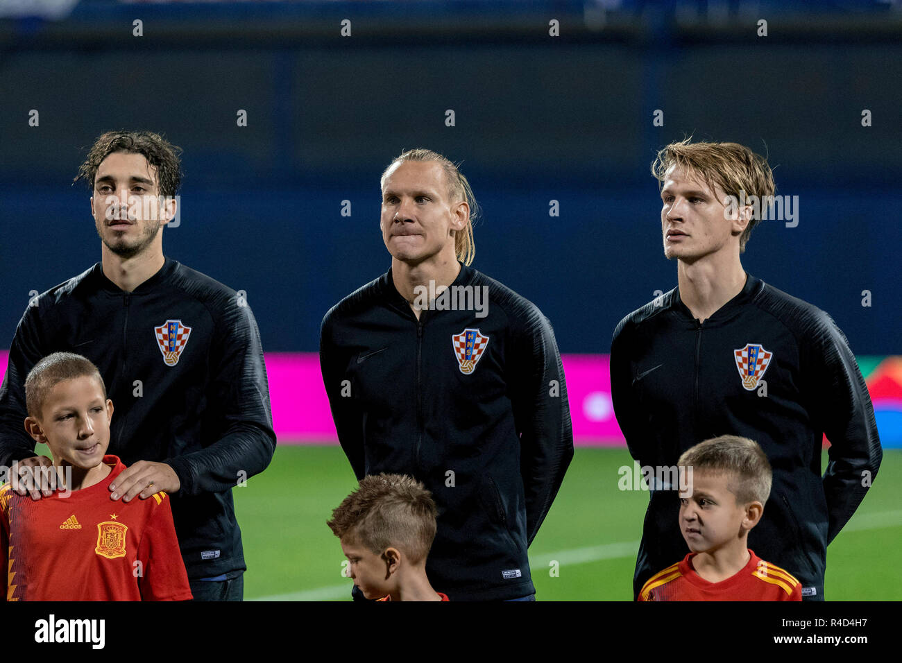 ZAGREB, CROATIA - NOVEMBER 15, 2018: UEFA Nations League football match Croatia vs. Spain. Sime Vrsaljko (2), Domagoj Vida (21) and Tin Jedvaj (16) Stock Photo