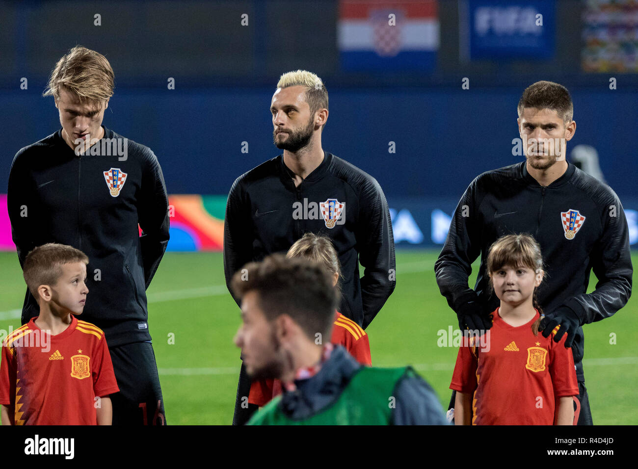 ZAGREB, CROATIA - NOVEMBER 15, 2018: UEFA Nations League football match Croatia vs. Spain. Tin Jedvaj (16), Marcelo Brozovic (11) and Andrej Kramaric  Stock Photo