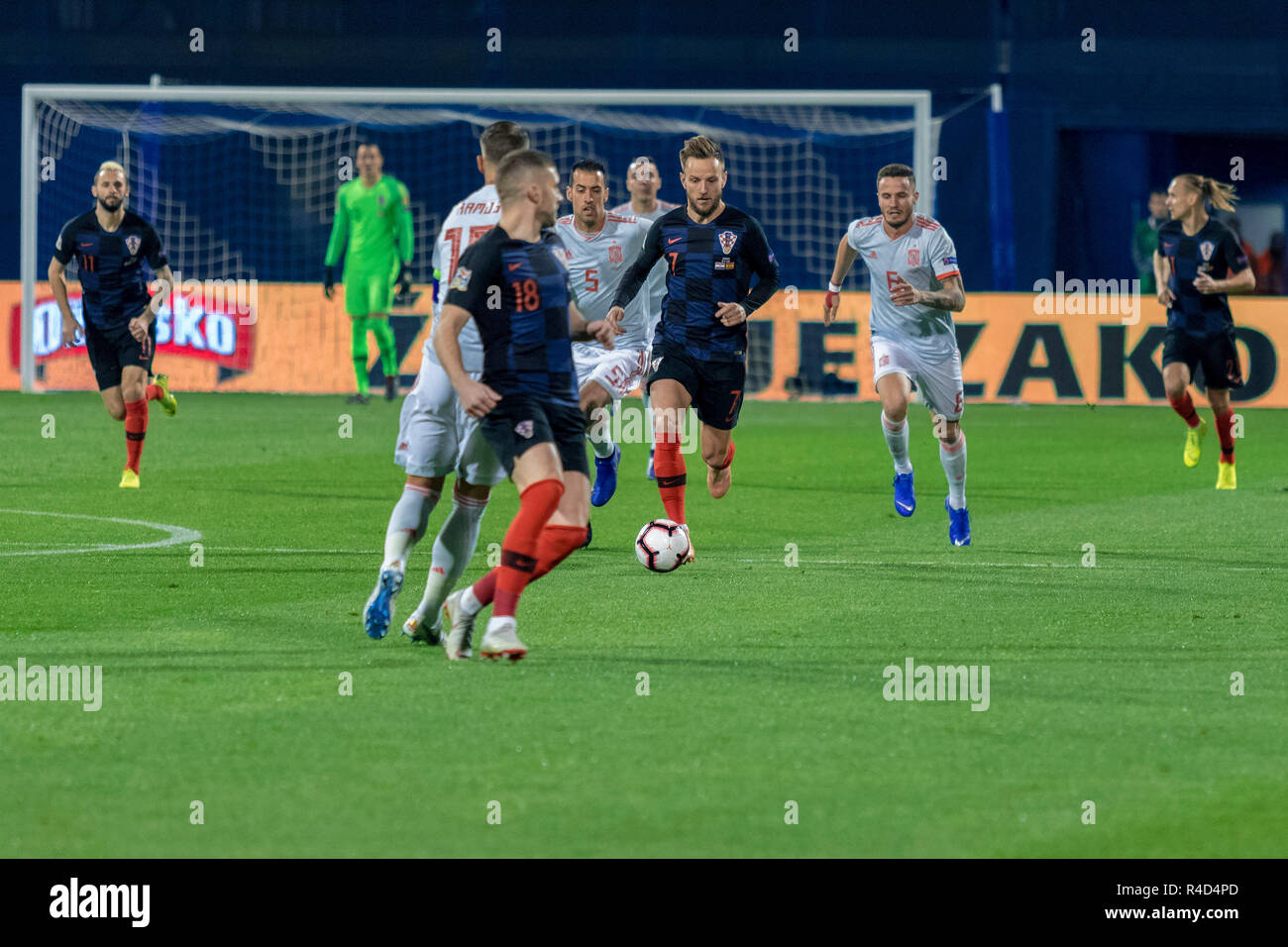 ZAGREB, CROATIA - NOVEMBER 15, 2018: UEFA Nations League football match Croatia vs. Spain. In action Ivan Rakitic (7) Stock Photo
