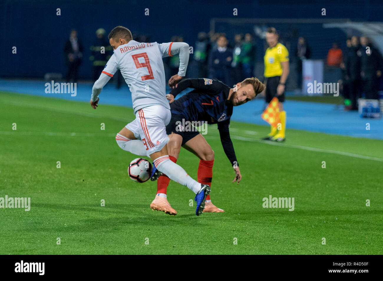ZAGREB, CROATIA - NOVEMBER 15, 2018: UEFA Nations League football match Croatia vs. Spain. In action Rodrigo (9) and Ivan Rakitic (7) Stock Photo