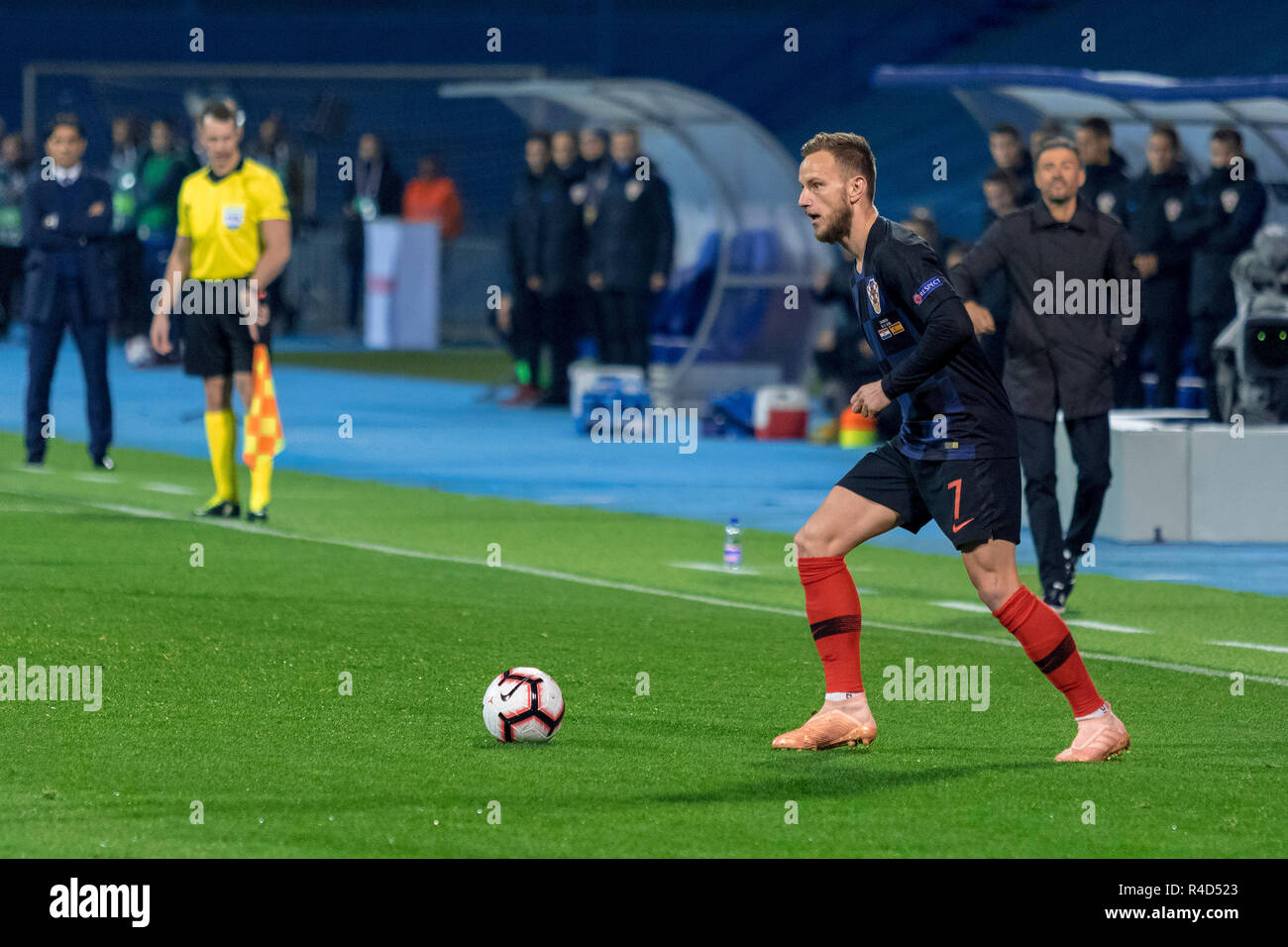 ZAGREB, CROATIA - NOVEMBER 15, 2018: UEFA Nations League football match Croatia vs. Spain. In action Ivan Rakitic (7) Stock Photo