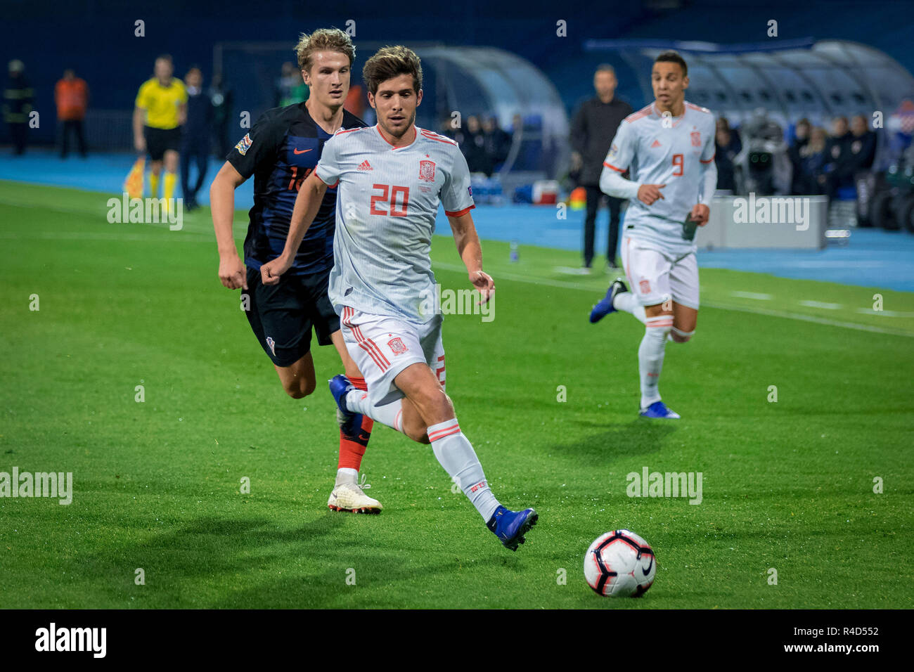 ZAGREB, CROATIA - NOVEMBER 15, 2018: UEFA Nations League football match Croatia vs. Spain. In action Tin Jedvaj (16) and Sergi Roberto (20) Stock Photo