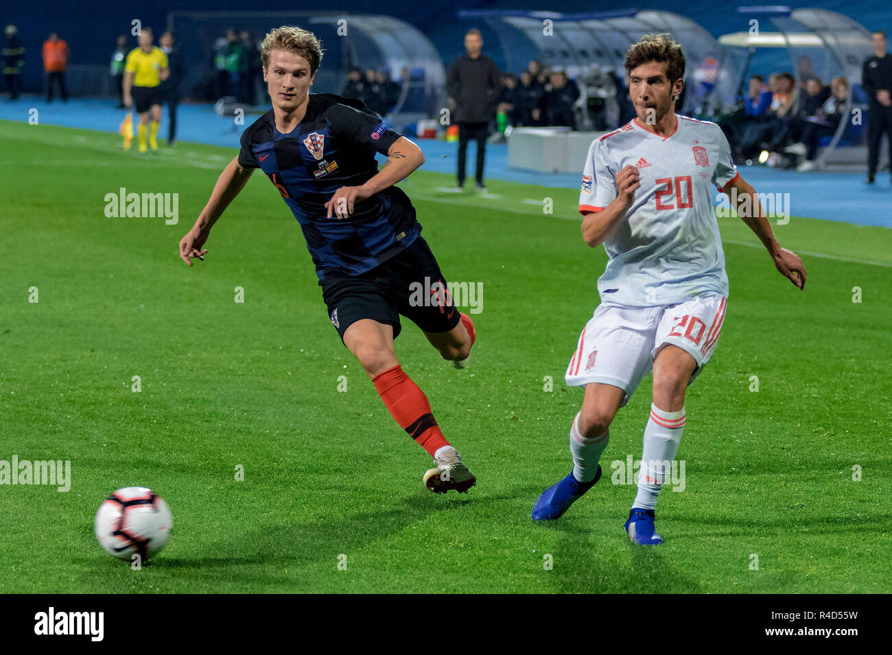 ZAGREB, CROATIA - NOVEMBER 15, 2018: UEFA Nations League football match Croatia vs. Spain. In action Tin Jedvaj (16) and Sergi Roberto (20) Stock Photo