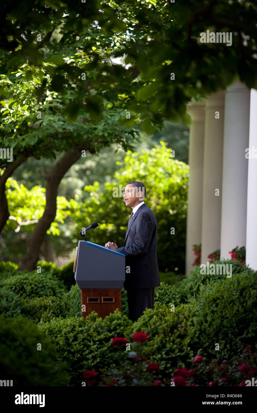 President Barack Obama delivers remarks on Wall Street reform legislation in the Rose Garden of the White House, May 20, 2010.(Official White House Photo by Samantha Appleton) Stock Photo