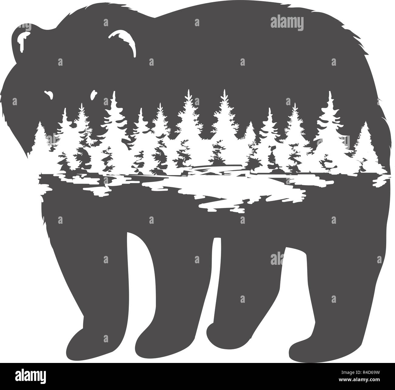 vector illustration of a bear silhouette with forest. abstract nature background. Stock Vector