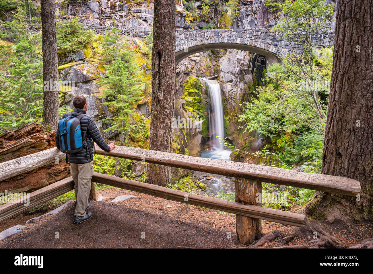 Hiker looking at Christine Falls in Mount Rainier National Park, Washington, USA. Stock Photo