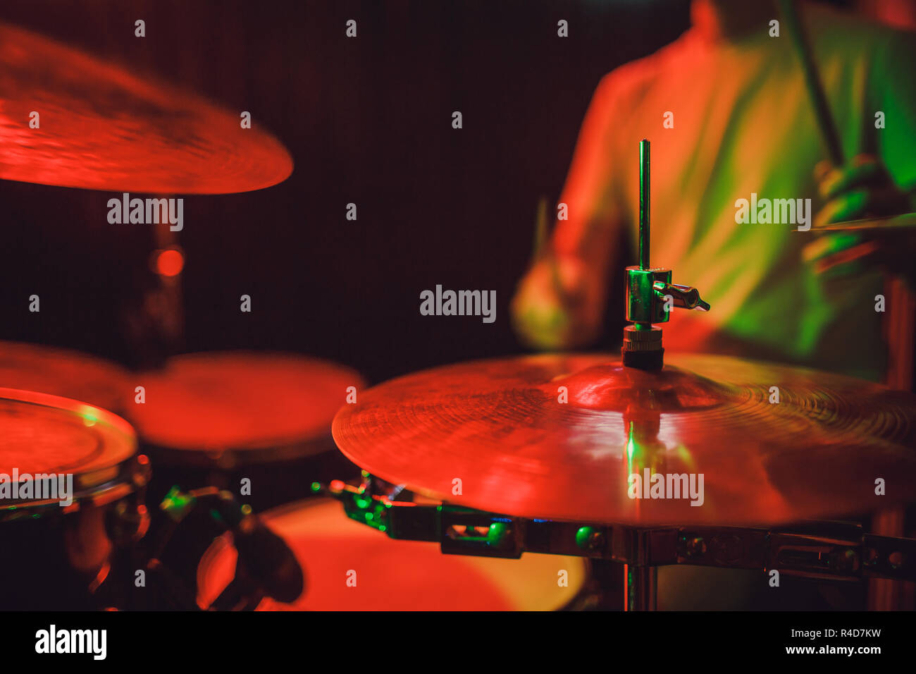 Professional drum set closeup. Drummer with drums, live music concert