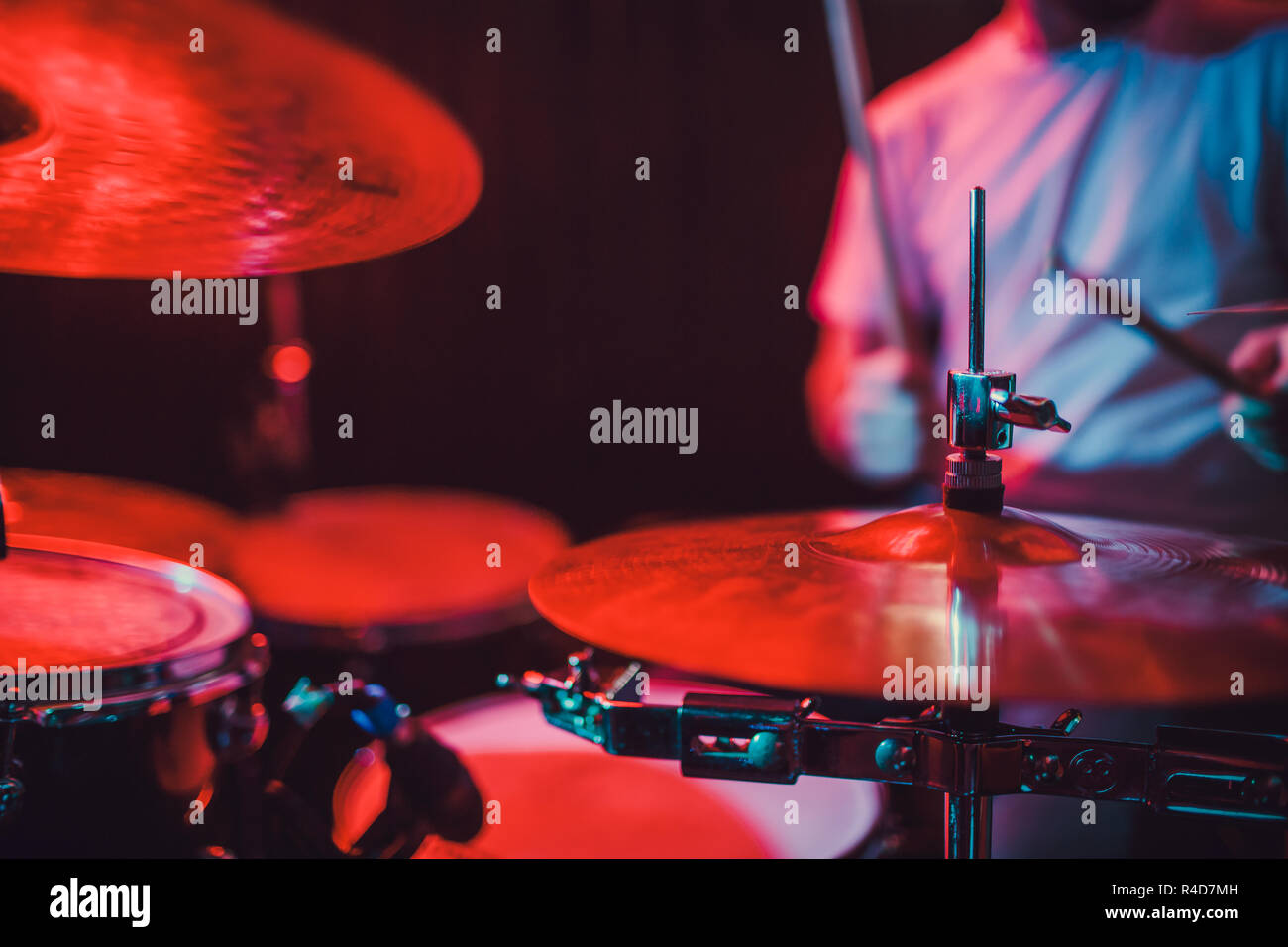 Professional drum set closeup. Drummer with drums, live music concert