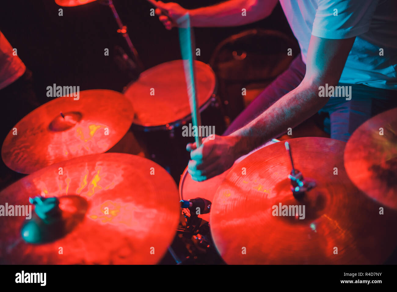 Professional drum set closeup. Drummer with drums, live music concert