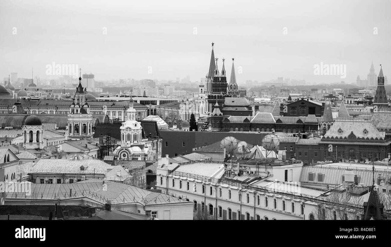 View of Moscow from a viewing platform of the Central Children Shop Black and white Stock Photo