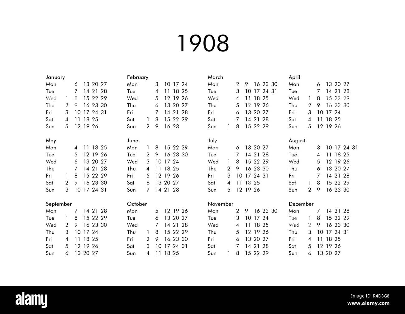 Calendar of year 1908 Stock Photo
