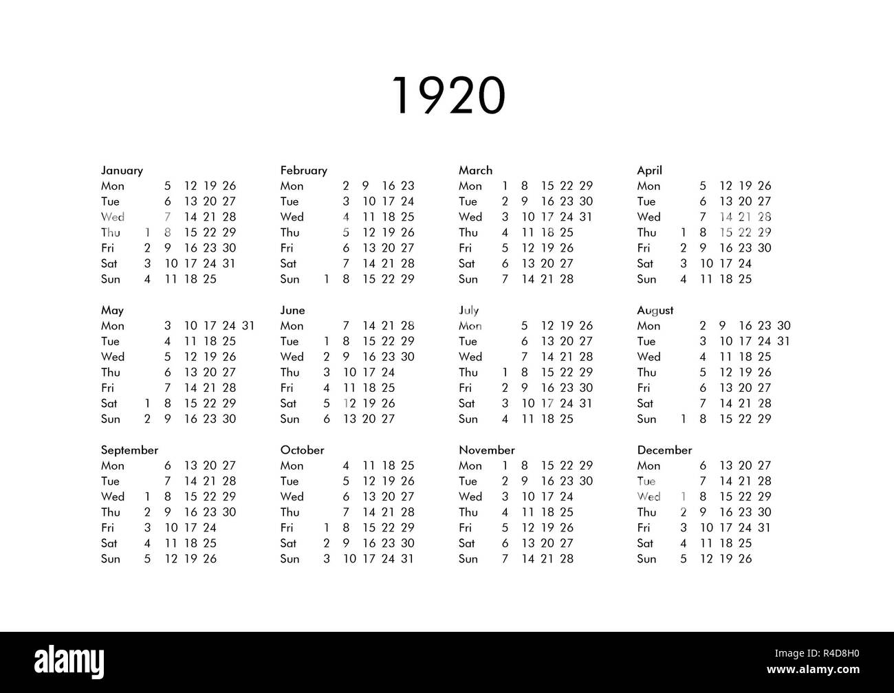Calendar of year 1920 Stock Photo - Alamy