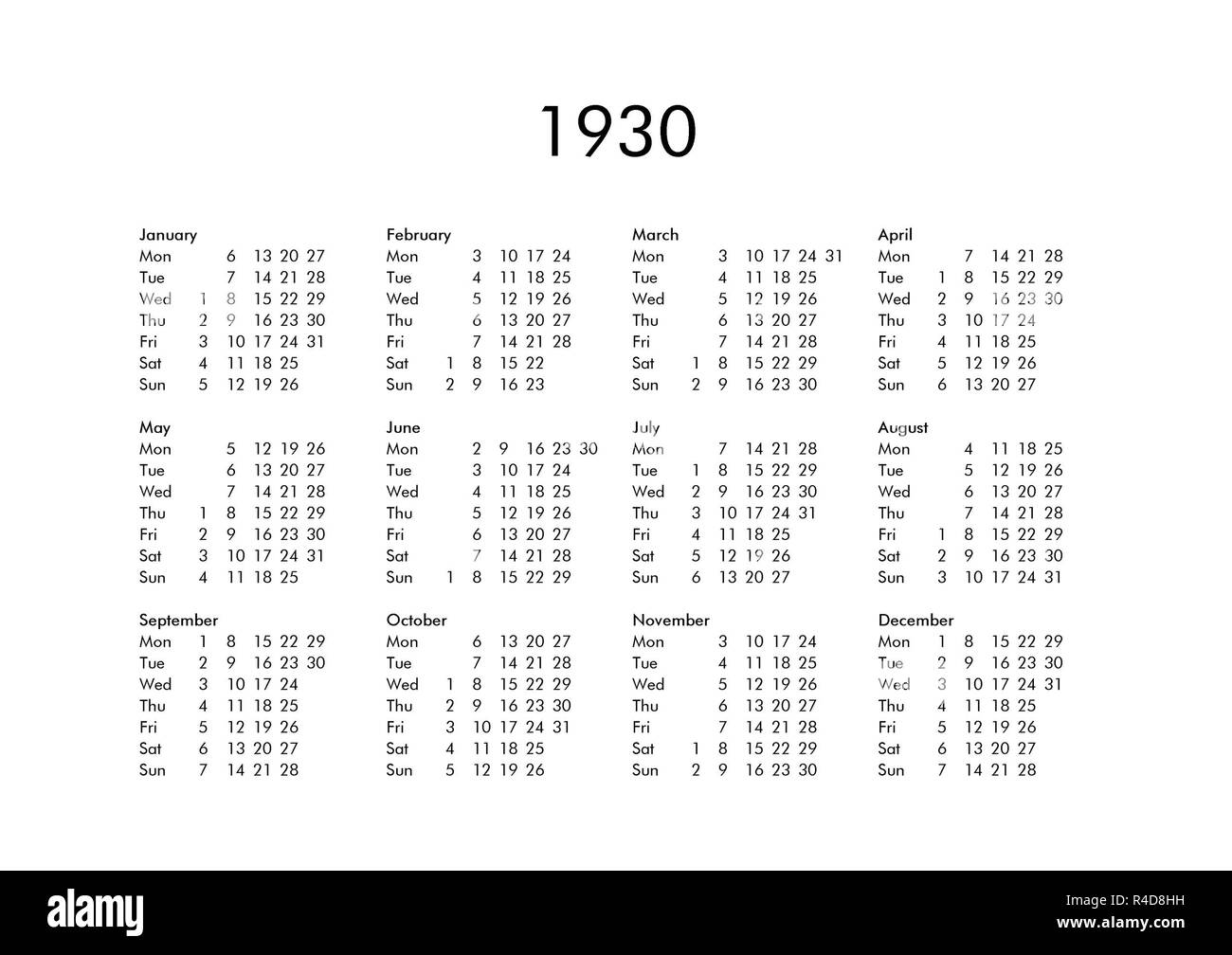 Calendar of year 1930 Stock Photo
