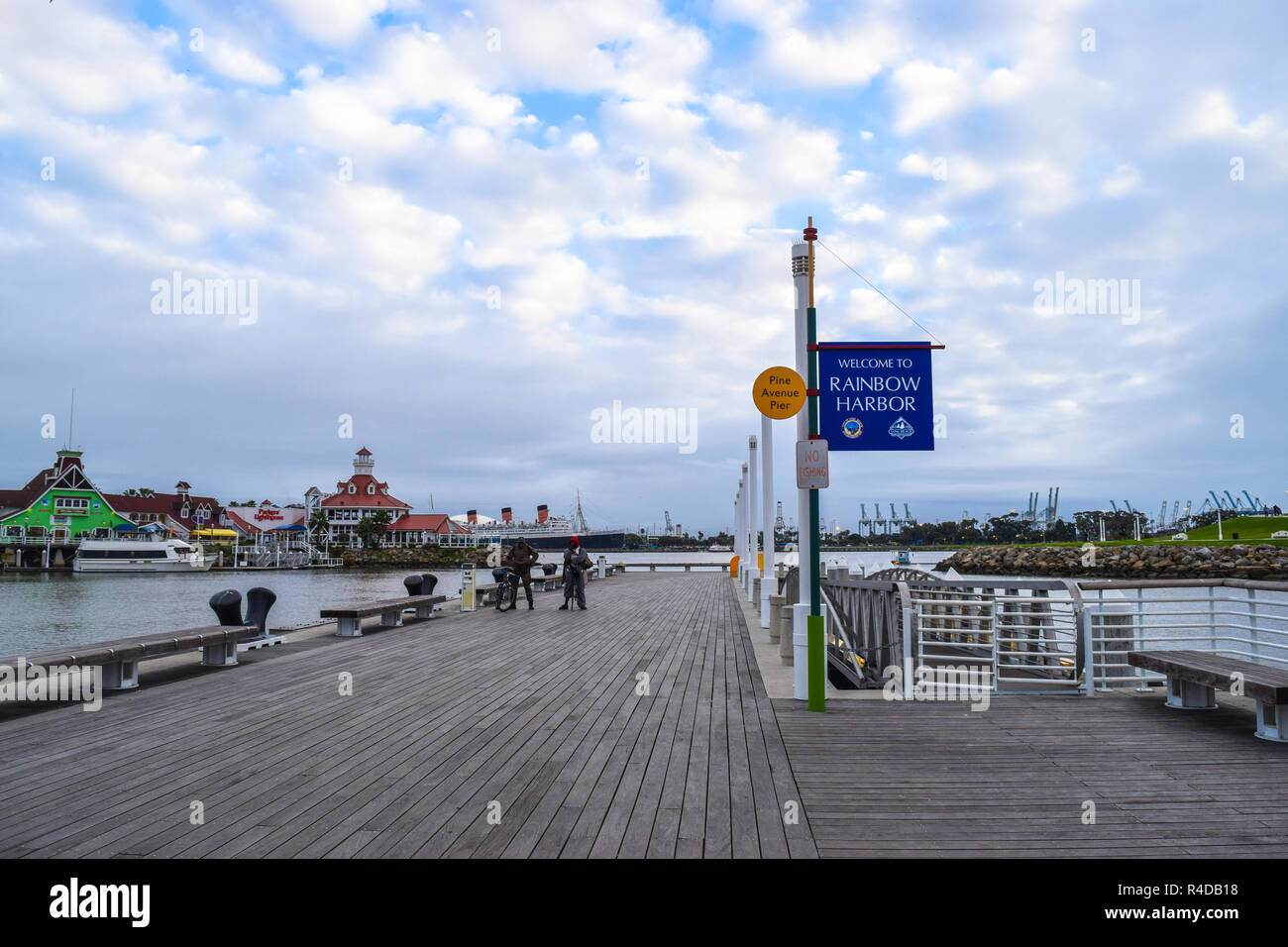 LONG BEACH, CA - FEBRUARY 20, 2017: Shoreline Village is a charming shopping village featuring colorful boardwalk shops and restaurants with Rainbow Harbor view. Stock Photo