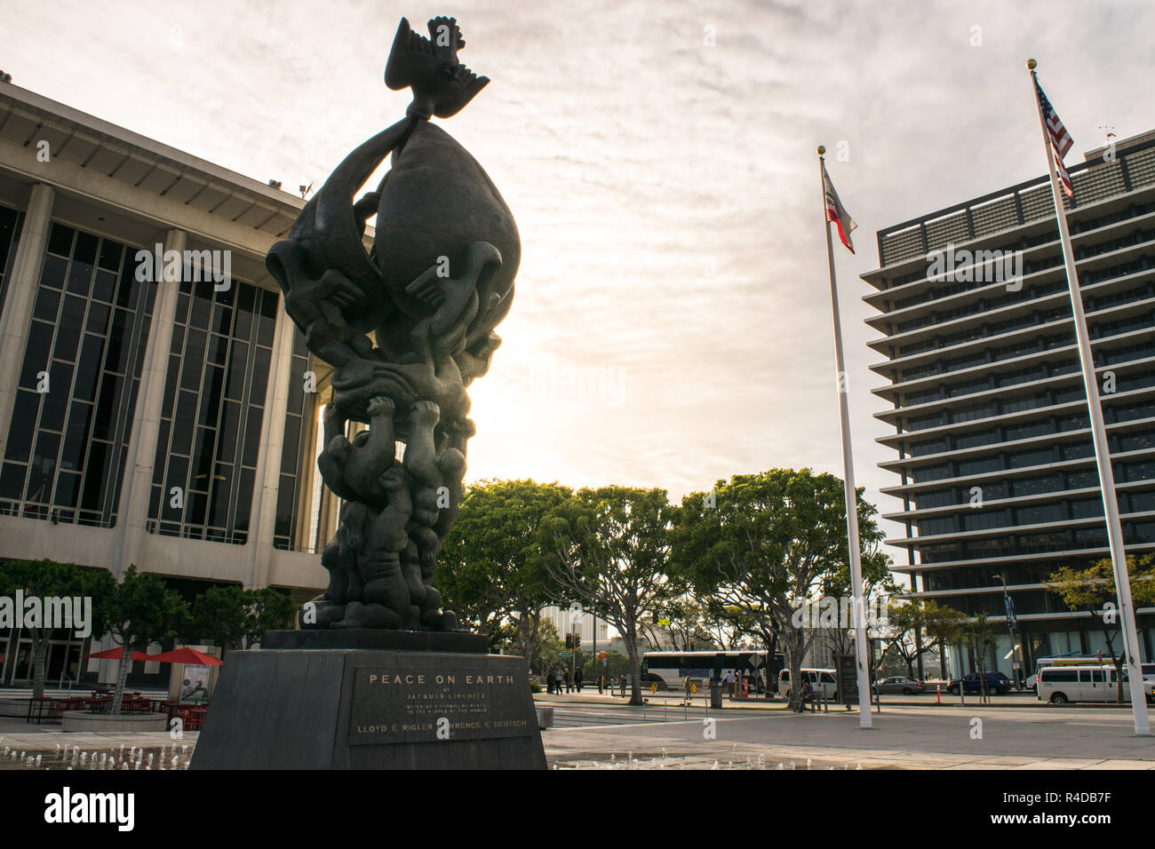 Exterior view of water fountain on plaza in front of Dorothy Chandler
