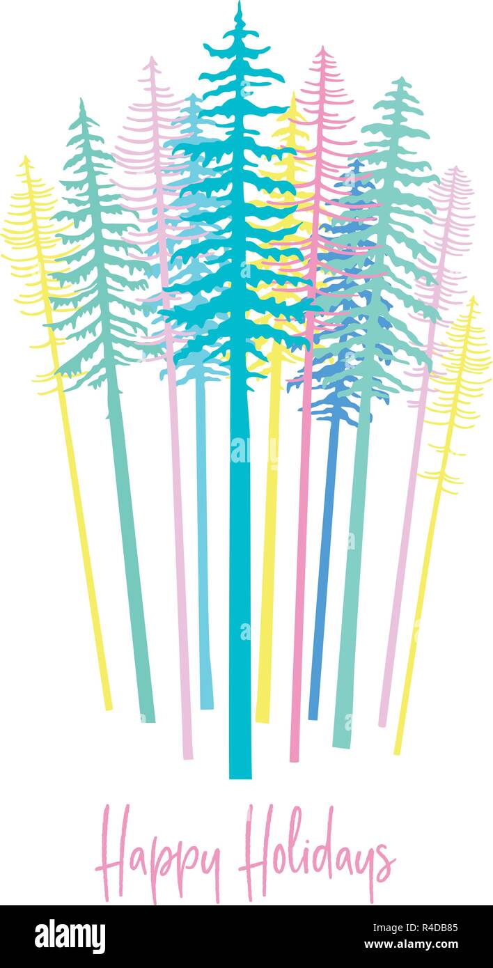Modern Christmas card with pastel colored fir tree forest, vector illustration Stock Vector