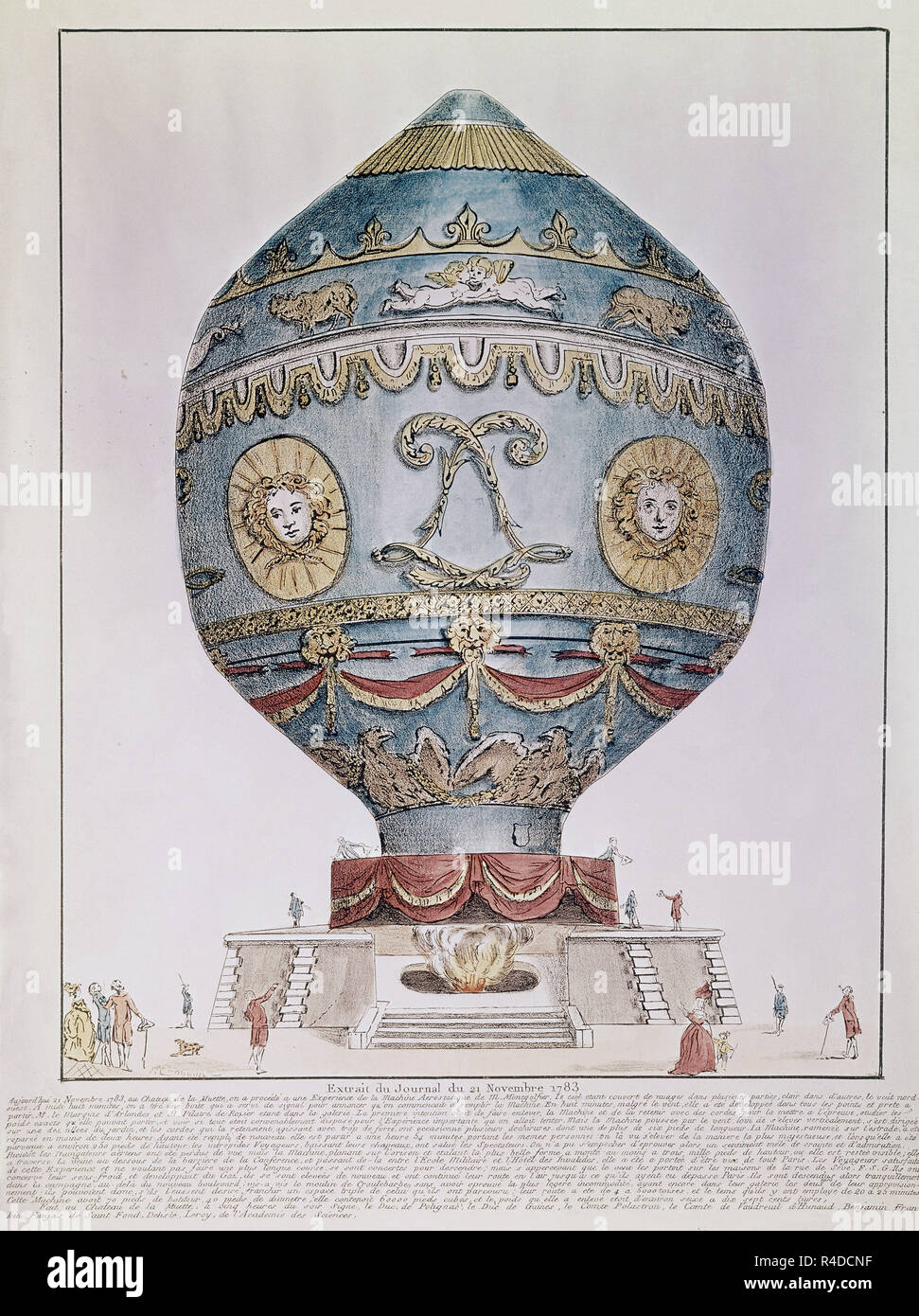 AEROSTATIC BALLOON, INVENTED BY MONTGOLFIER BROTHERS. 70 FEET HIGH, 40 FEET DIAMETER. JOURNAL 11/21/1783. Author: MONTGOLFIER JOSE Y ETIENNE. Location: PRIVATE COLLECTION. MADRID. SPAIN. Stock Photo
