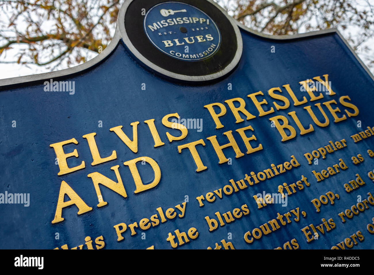 Mississippi Blues historical marker at the birthplace of Elvis Presley in Tupelo, Mississippi. (USA) Stock Photo