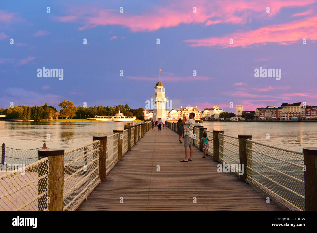 Orlando, Florida. November 15, 2018 Panoramic vie of Lighthouse and pier on beautiful sunset sky background at Lake Buena Vista area Stock Photo