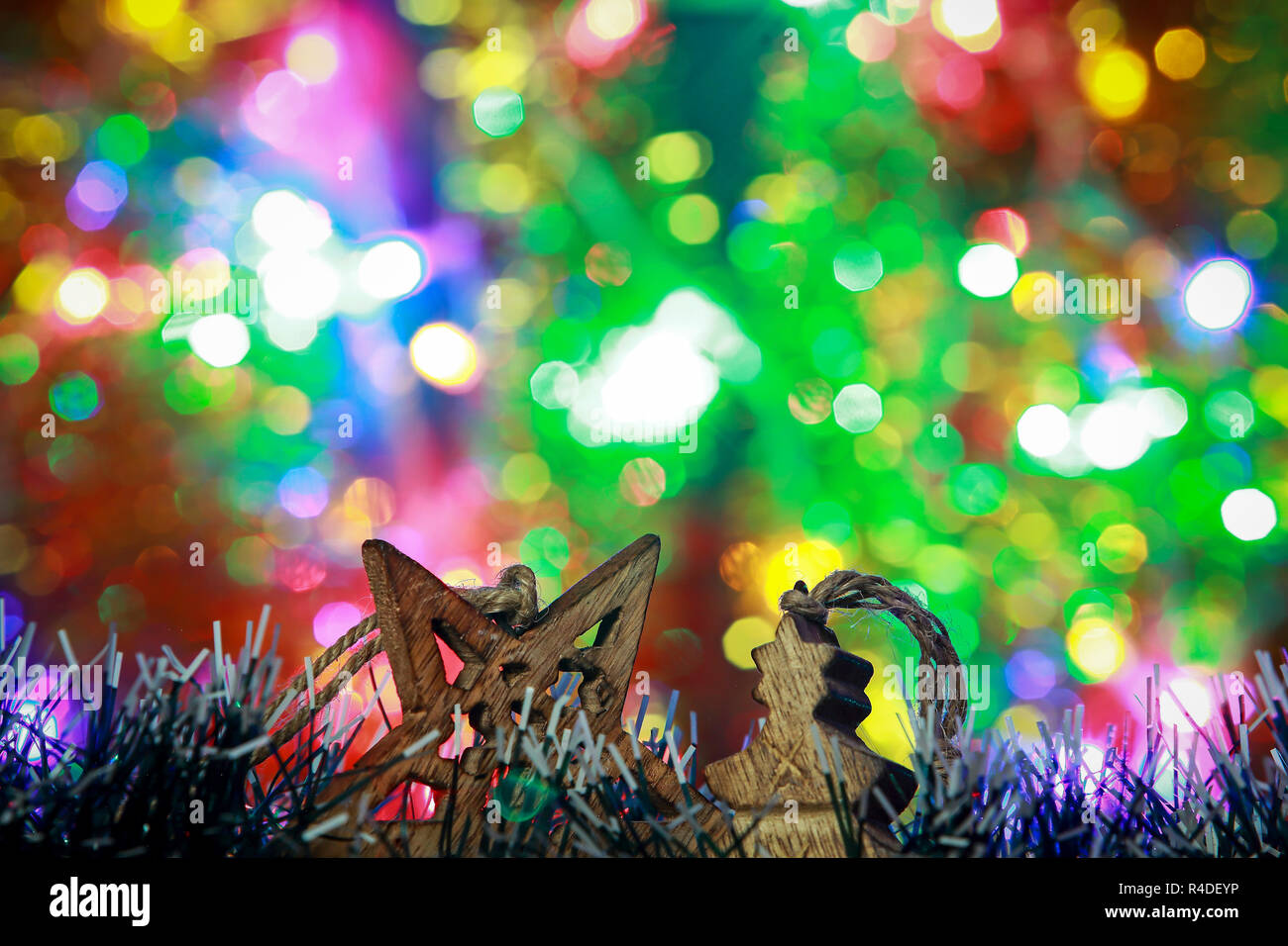 Christmas and New Year decorations, lights, rain and toys Stock Photo