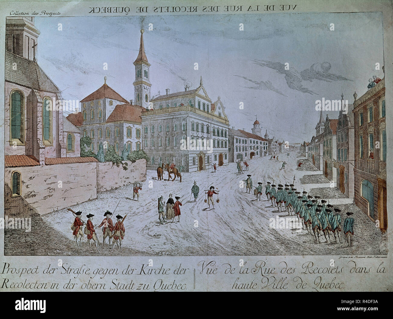 French soldiers parading Recollets street in Quebec. Madrid, private collection. Location: PRIVATE COLLECTION. MADRID. SPAIN. Stock Photo