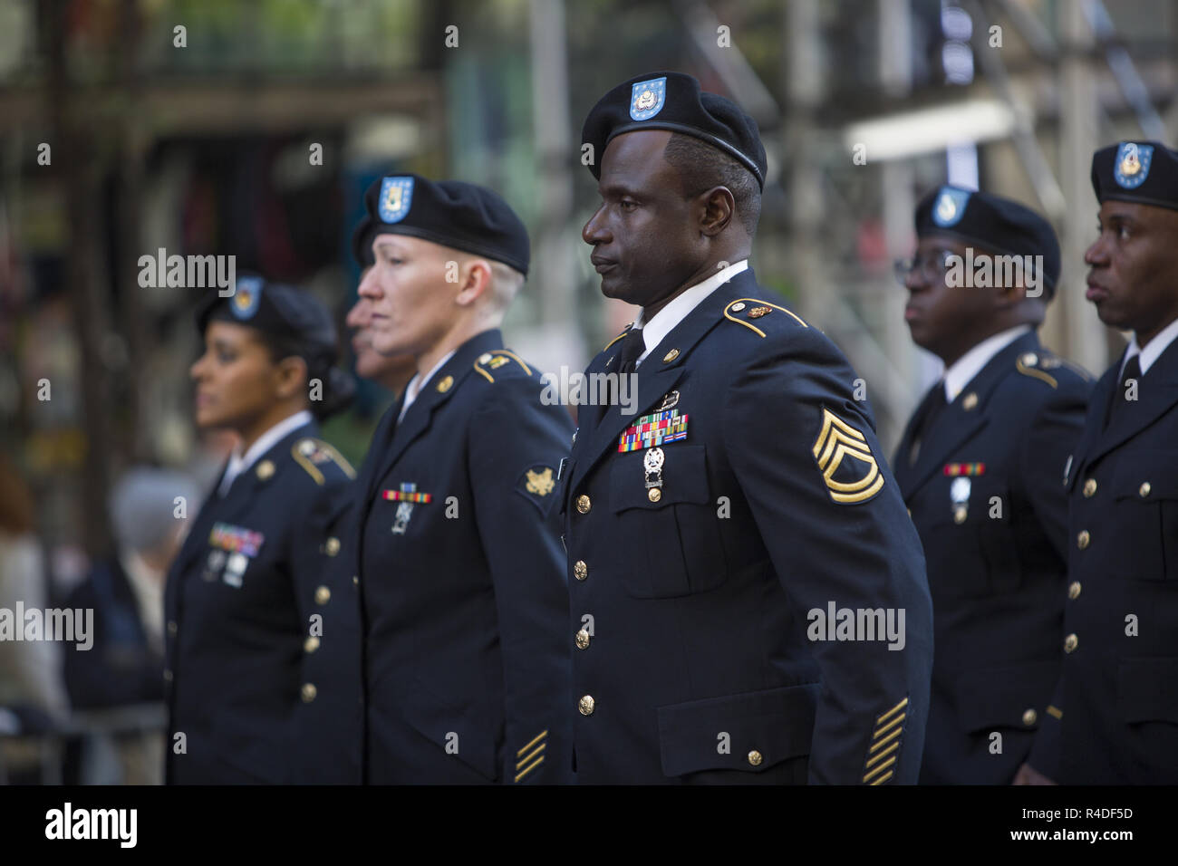 Active US Army so;diers proudly march up 5th Avenue at the 2018 Veterans Day Parade in New York City. Stock Photo