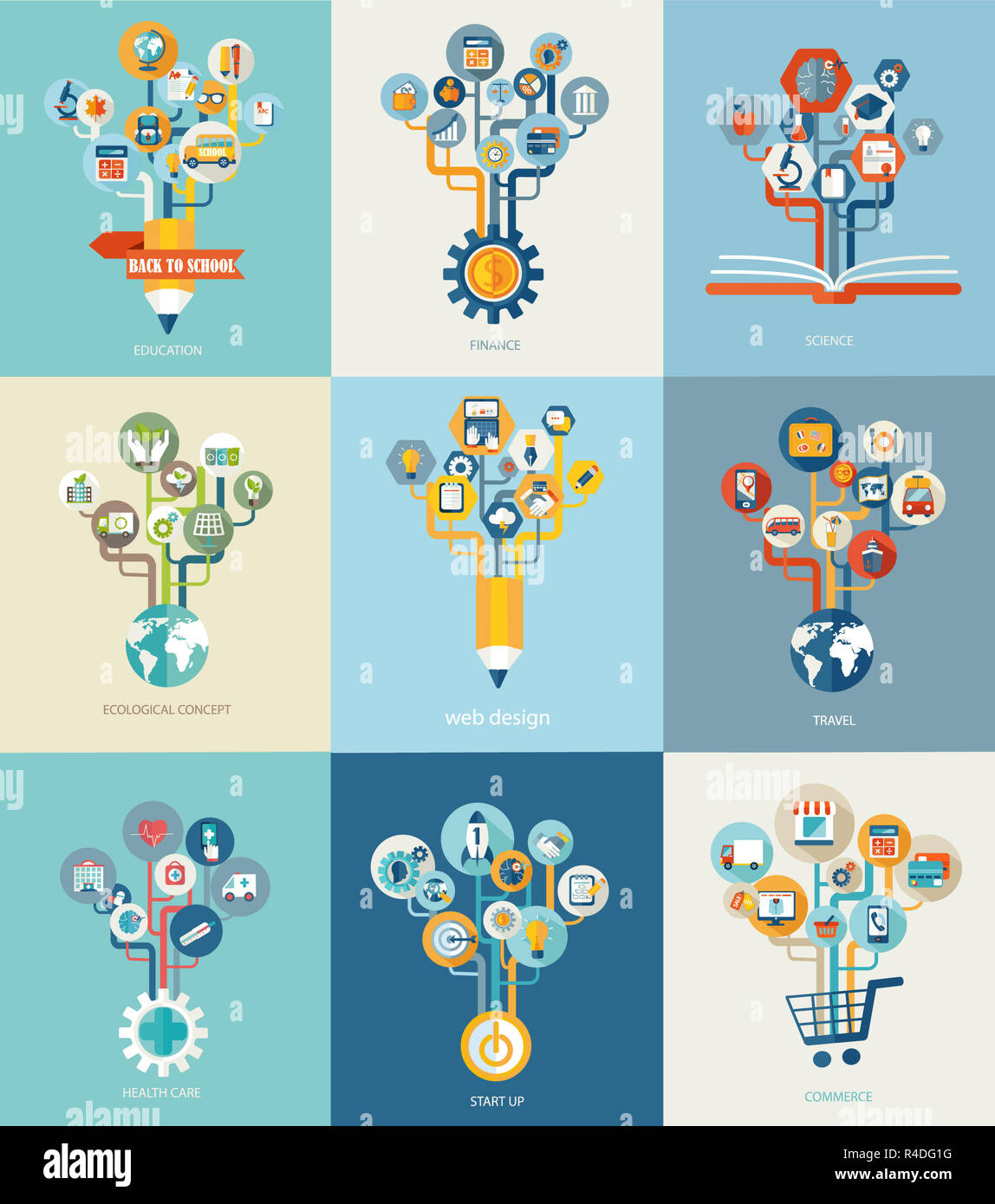 Abstract trees with icons for web design Stock Photo - Alamy