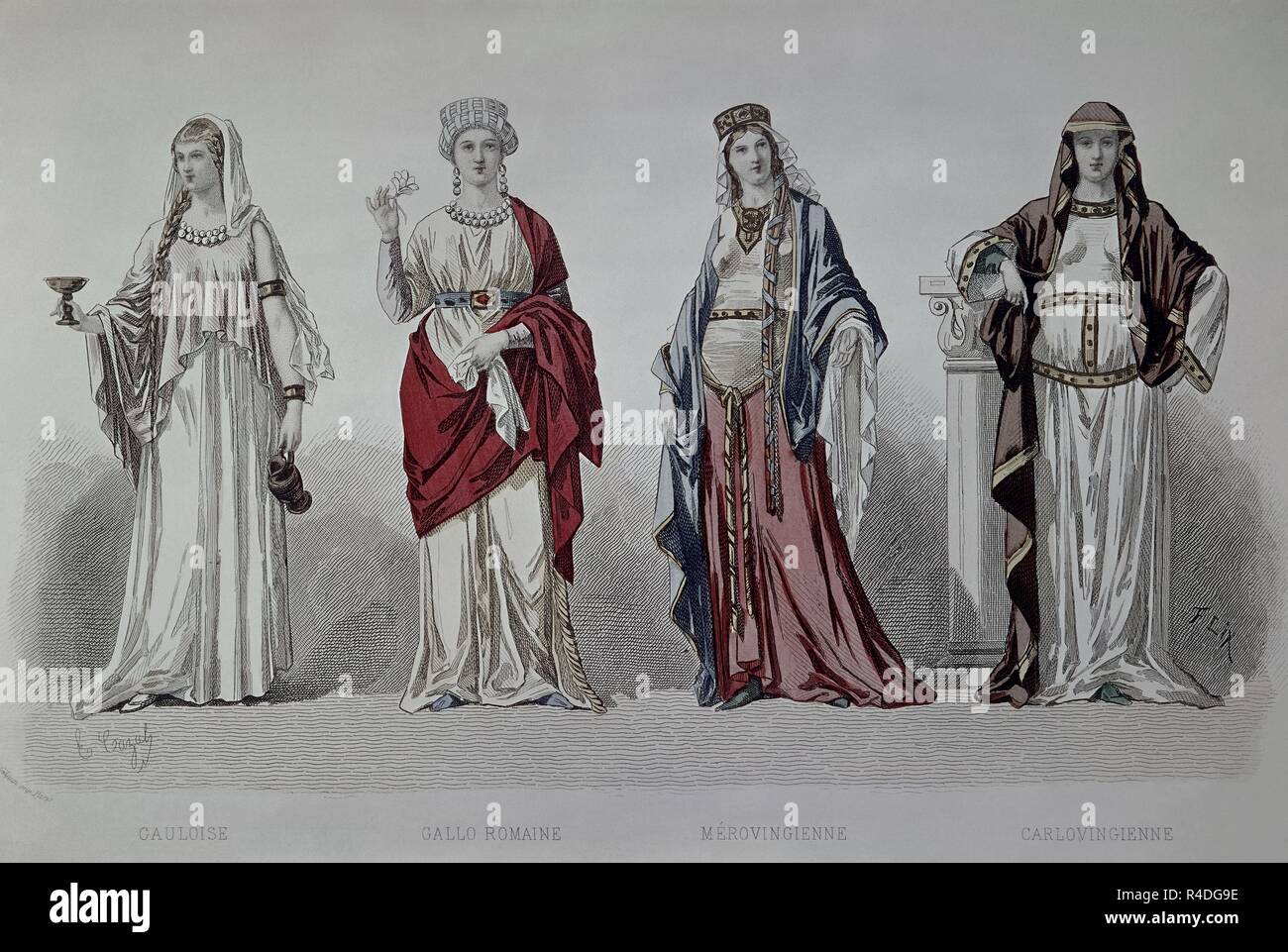 Historia De La Moda Grabado De Moda Femenina Gala Galorromana Merovingia Y Carolingia Location Private Collection France Stock Photo Alamy
