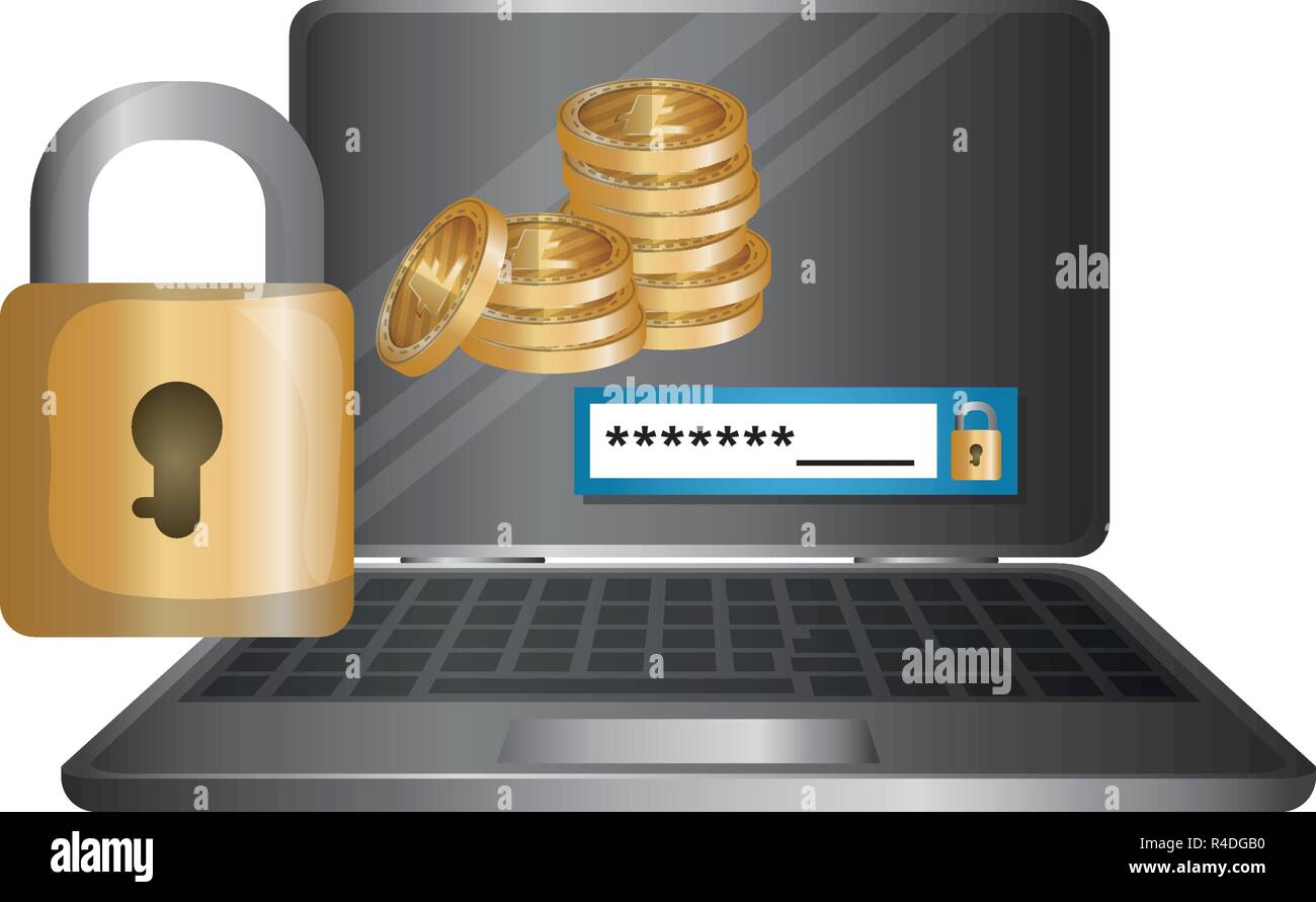 laptop and padlock with litecoin vector illustration design Stock ...
