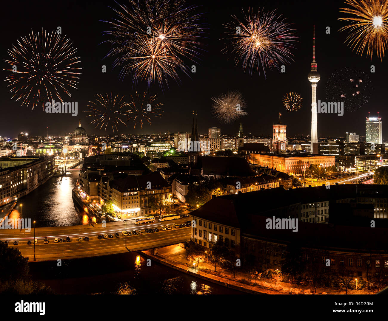 berlin with fireworks Stock Photo Alamy