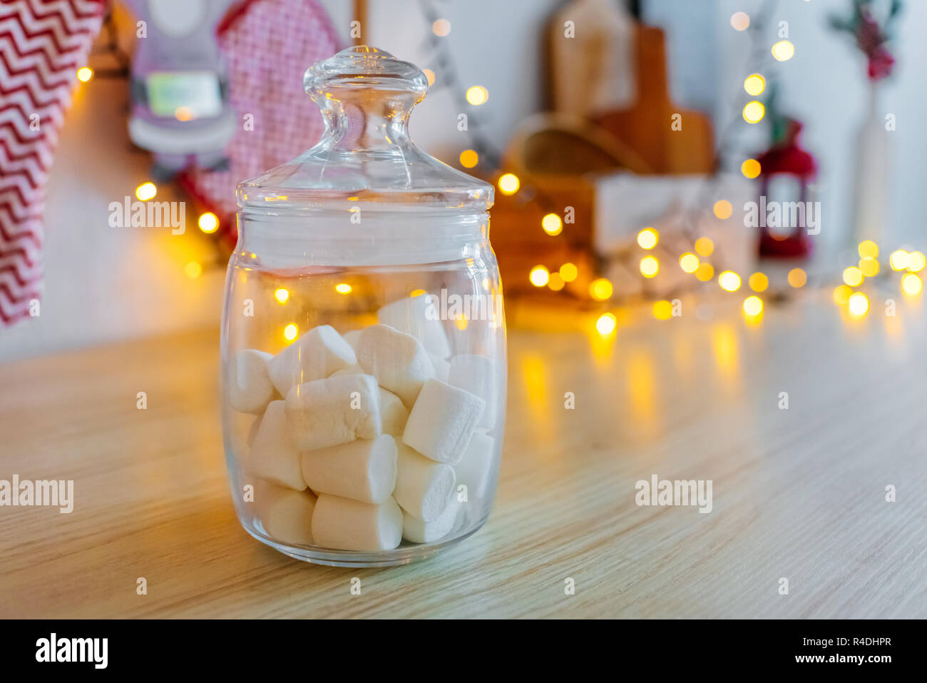 Glass Jar With White Marshmallows Christmas Decor Garland Bokeh
