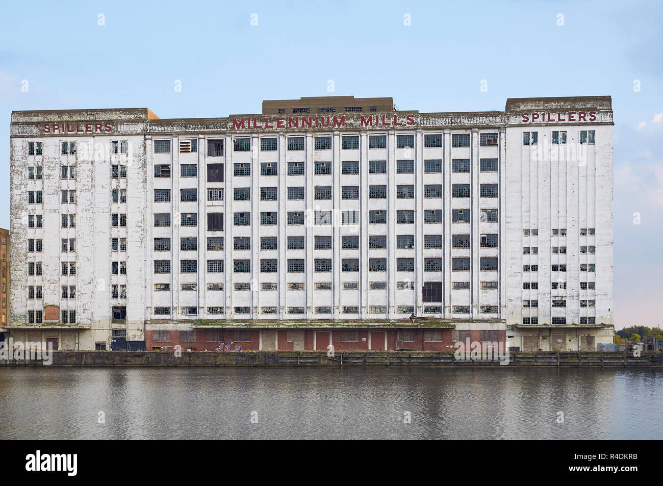 Derelict Millennium Mills building on Royal Victoria Dock, Silvertown, East London UK Stock Photo