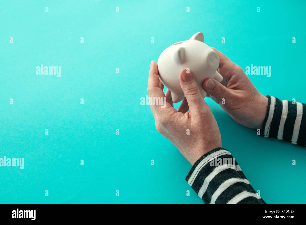 Female hands and piggy coin bank for money savings concept Stock Photo