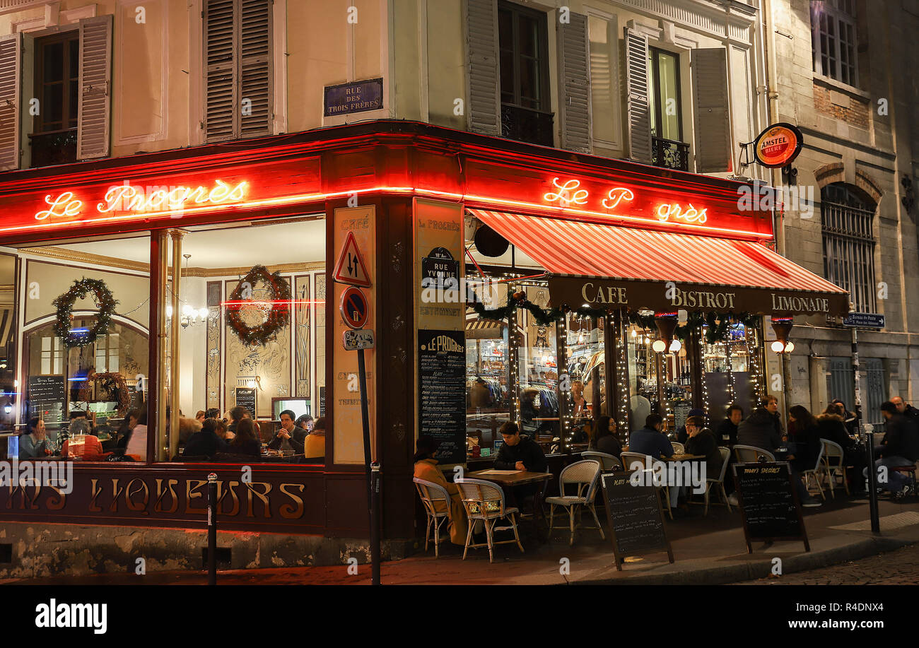 The French traditional bistrot Le Progres at night, Paris, France Stock ...