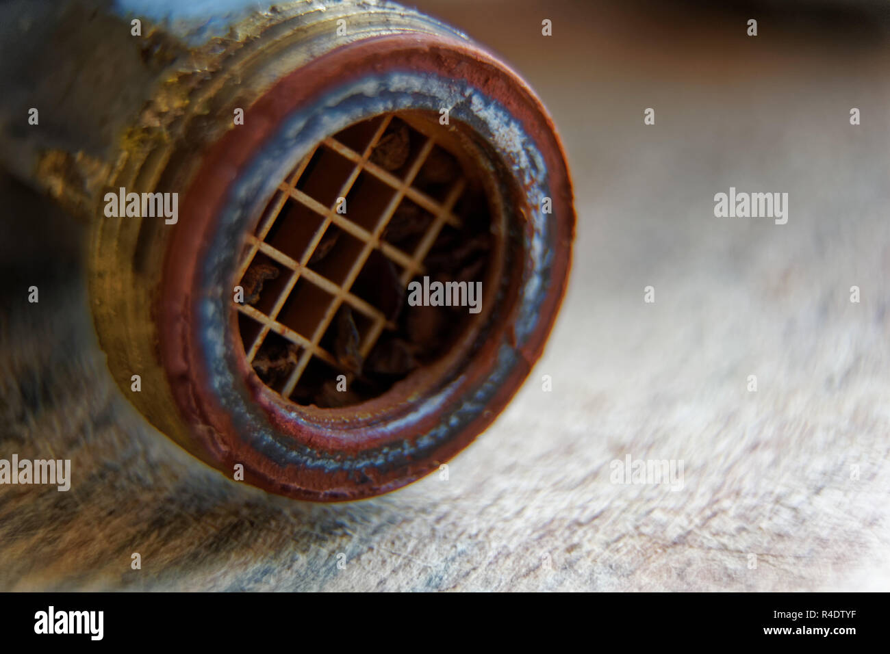 Pipe thread close-up, old rusty metal part of pipe threads. Stock Photo