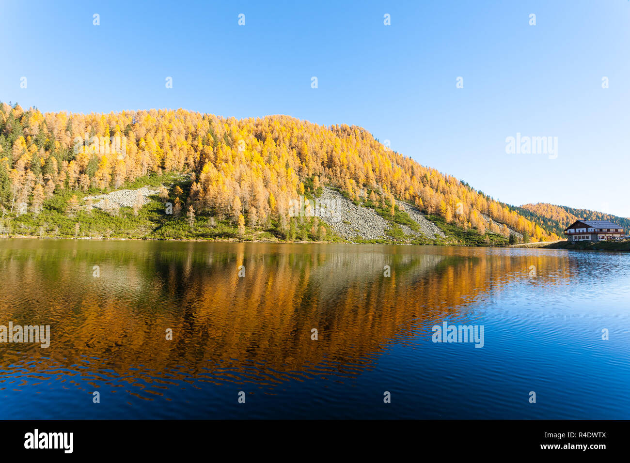 Reflections on water, autumn panorama from mountain lake Stock Photo