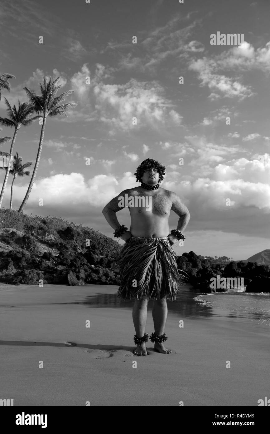 Proud Hawaiian hula dancer on the beach in south Maui, Hawaii. Stock Photo