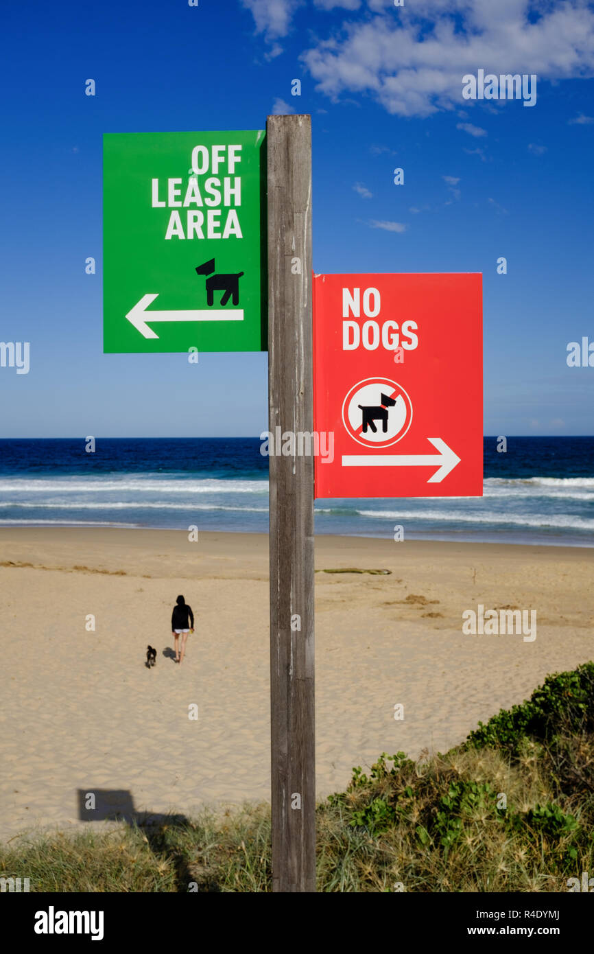 Australian sign indicating “No dogs” and off leash areas on the beach