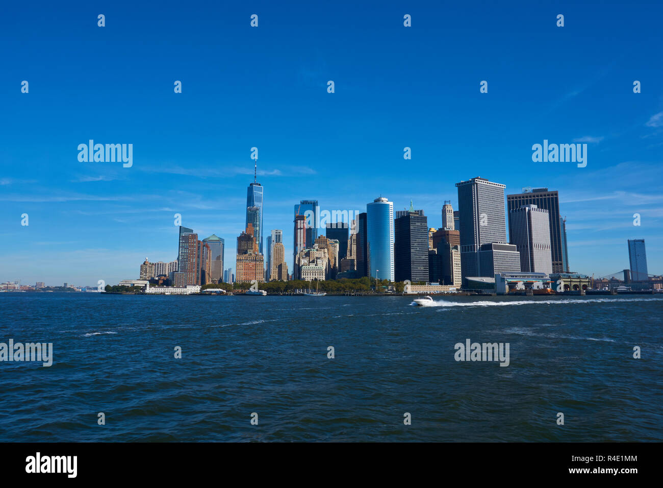 New York City skyline, a blue sky and water Stock Photo - Alamy
