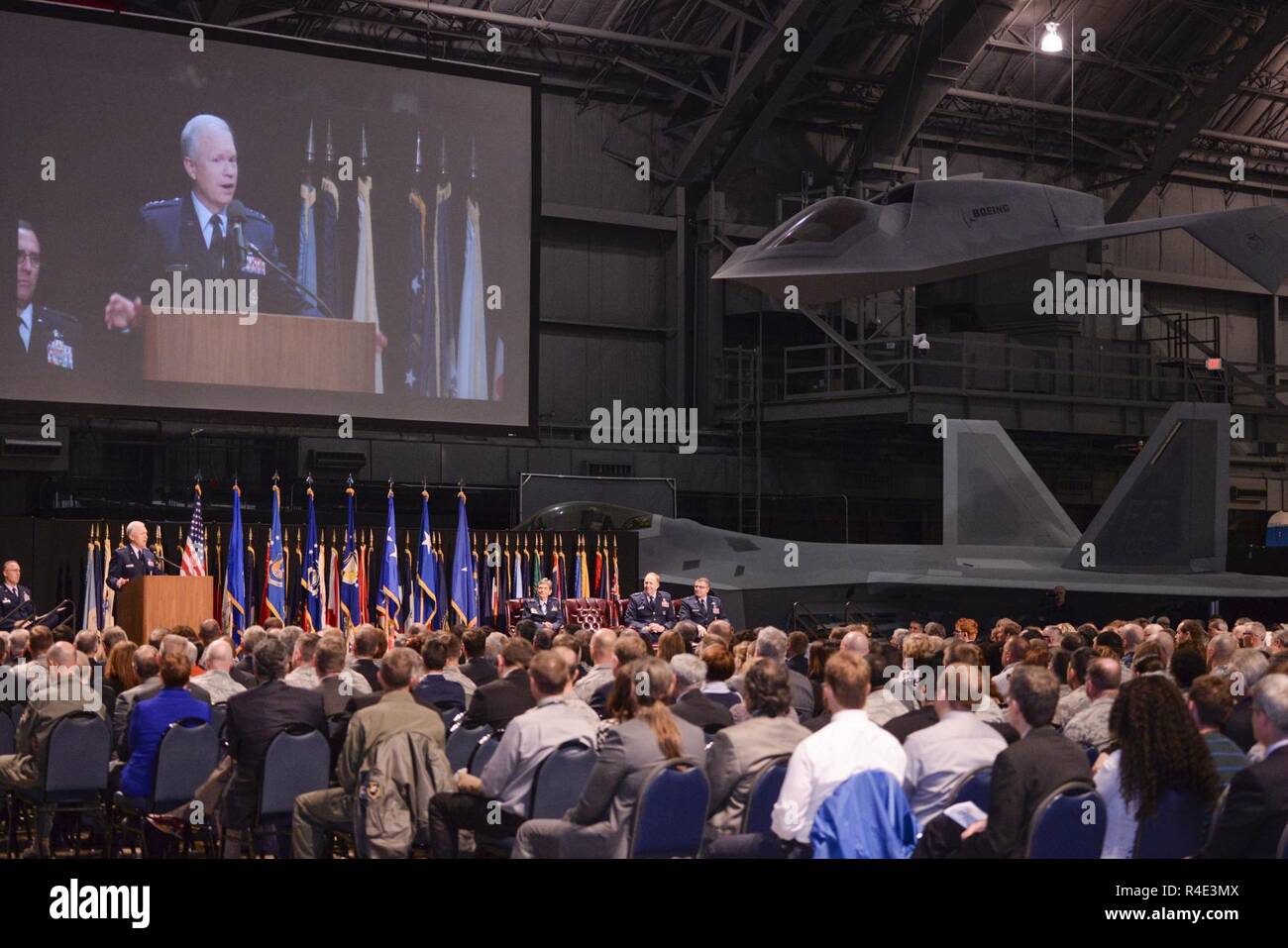 Lt. Gen. John F. Thompson, outgoing Air Force Life Cycle Management Center commander, delivers his farewell remarks during a change of command ceremony in the National Museum of the United States Air Force at Wright-Patterson Air Force Base, Ohio, May, 2, 2017. Thompson relinquished command to Lt. Gen. Robert D. McMurry Jr. Stock Photo