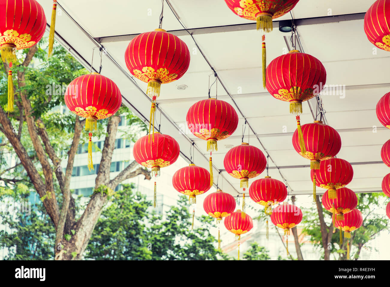 Ceiling Decorated With Hanging Chinese Lanterns Stock Photo