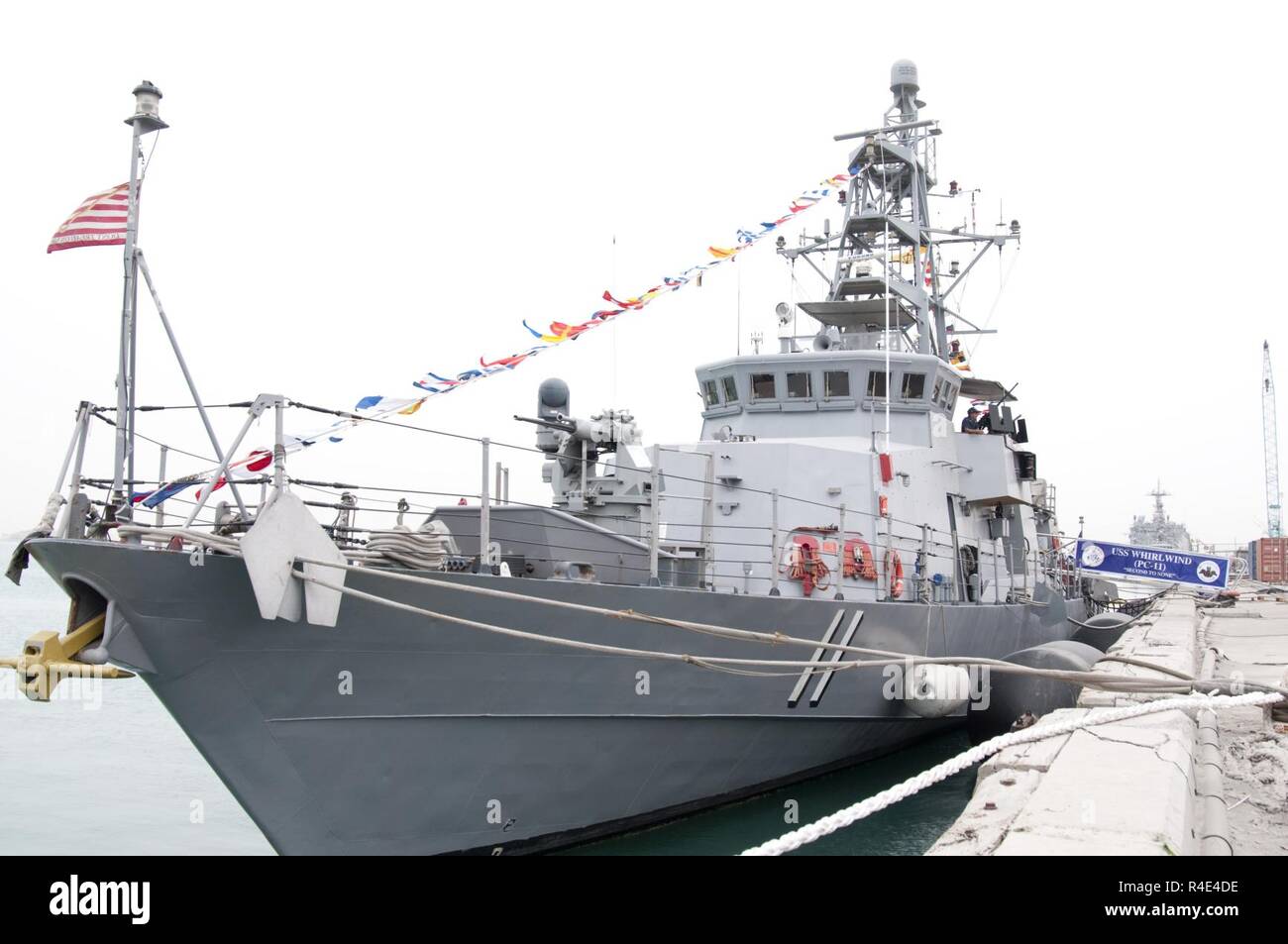 MANAMA, Bahrain (May 1, 2017) The Cyclone-class coastal patrol ship (PC) USS Whirlwind (PC 11) is moored pier side at Naval Support Activity Bahrain during the ship's change of command ceremony. The primary mission of the PCs is maritime security operations, and Whirlwind is one of 10 PCs forward deployed to Manama, Bahrain. Stock Photo